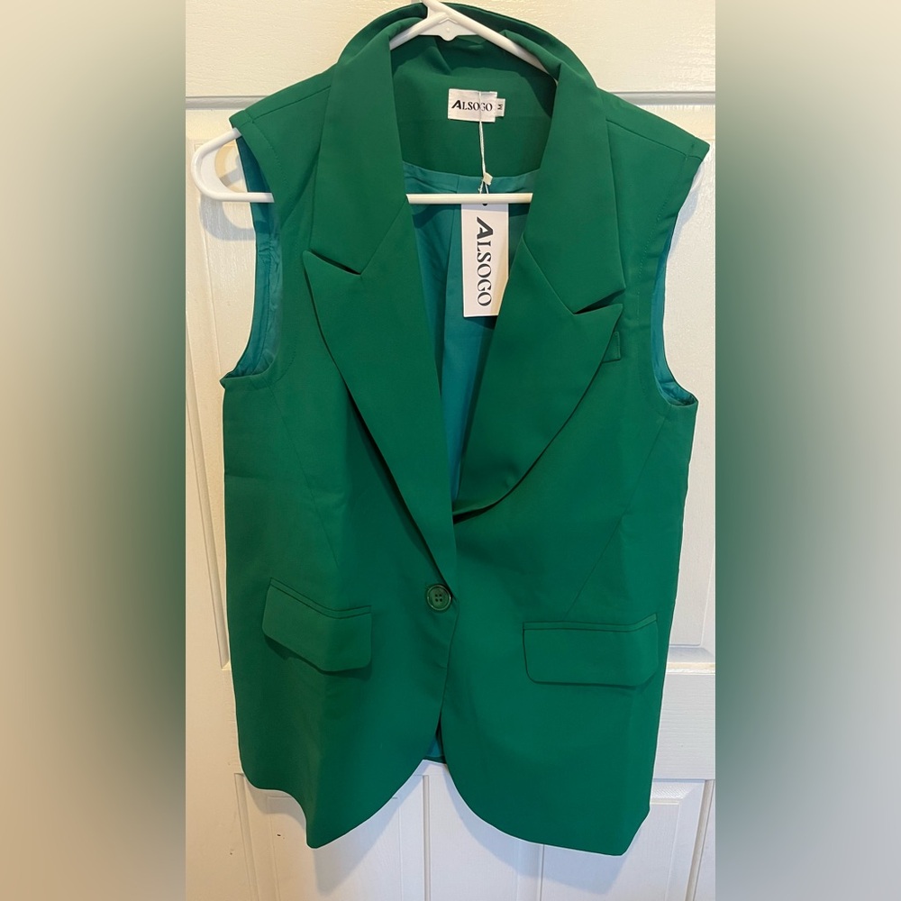 Green Sleeveless Blazer ALSOGO Blazer Women's Sleeveless Vest Sporty Elegant